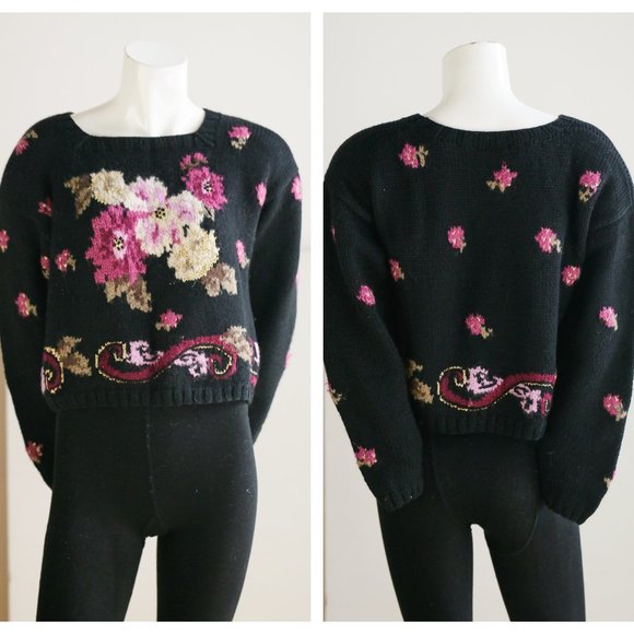 Carole Little Sweaters - Carol Little Vintage Floral and Black Sweater